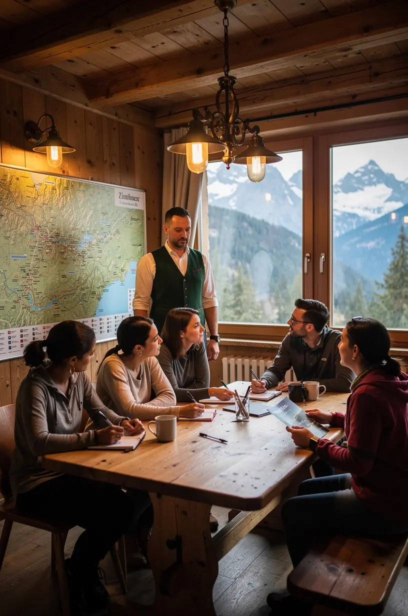 Kleine Gruppe bei einer praktischen Schulung zur Naturbeobachtung im Wald.