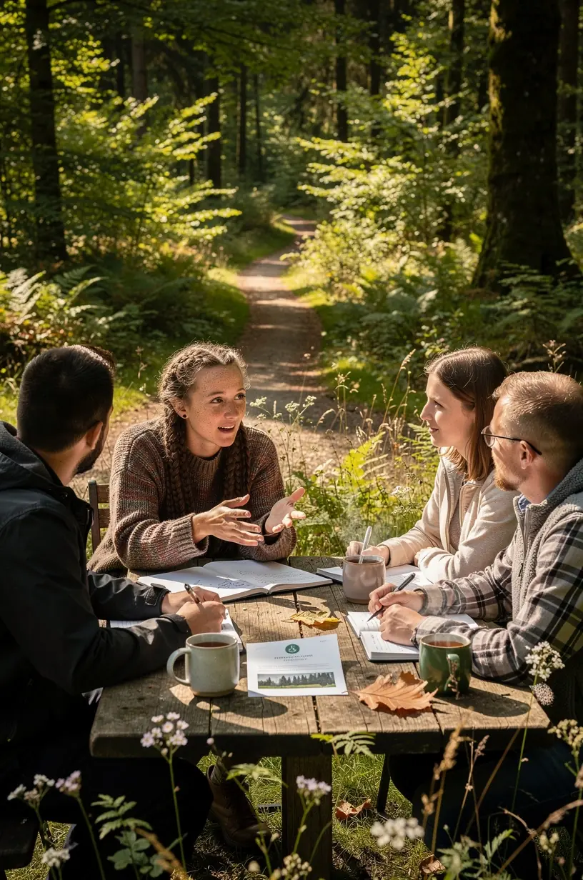 Idyllischer Waldweg mit Teilnehmern, die eine achtsame Wanderung durch die Natur unternehmen.